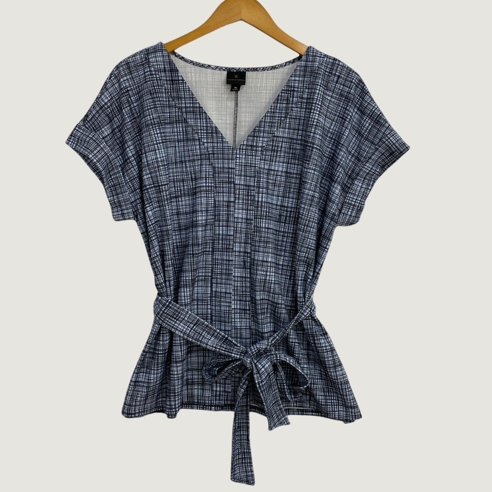 Worthington Blouse Womens XL Black White Grid Print V-Neck Tie Waist Stretch Top
